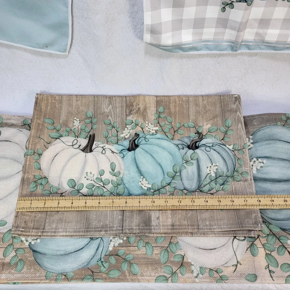 Pumpkin Kitchen Placemats Towel Set Table Runner Blue White Farmhouse Fall Decor